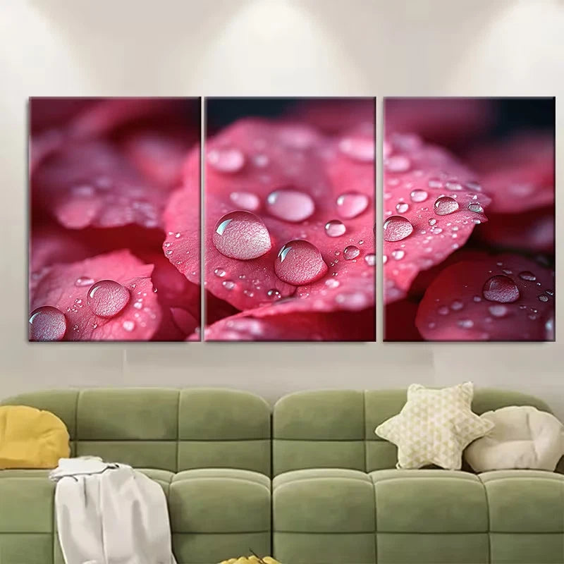 3pcs Macro Photography of Raindrops on Rose Petals Metal Print Ready to Hang Art