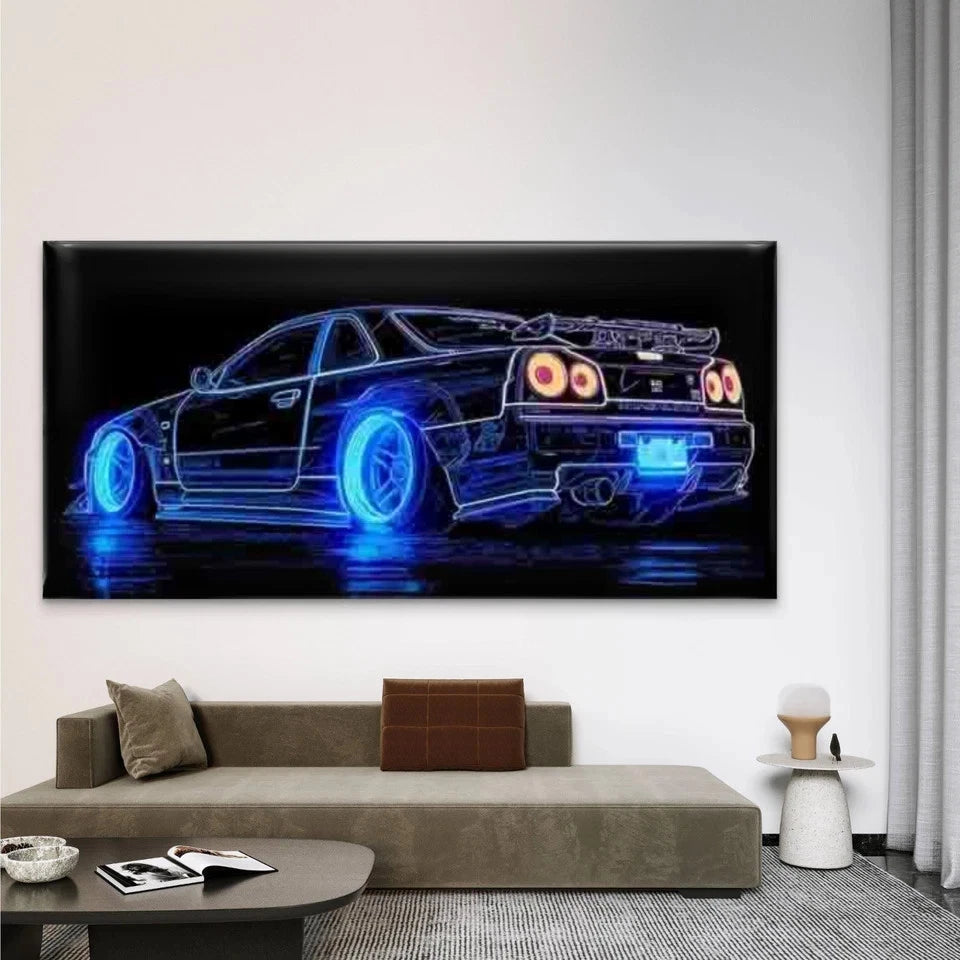 Sports Car Vibrant Blue & Red Wall Art Canvas Office Home Room Framed 120x60cm