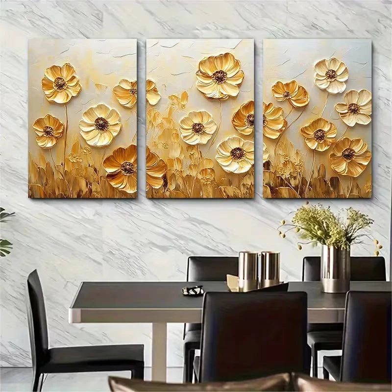 3pcs Golden Daisy Field Artwork Modern Nature Wall Art Set Canvas Framed 50x70cm - High Quality Print 100% Australian Made Wall Canvas Ready to Hang - Bella Home Decor