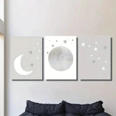 3pcs Neutral Gray Moon and Stars Wall Art Canvas Unframed - High Quality Print 100% Australian Made Wall Canvas