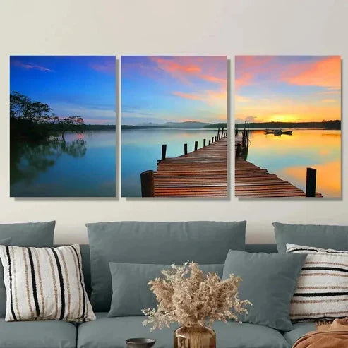 3pcs Tranquil Lake & Sunset Scene Vibrant Wall Art Canvas Unframed - High Quality Print 100% Australian Made Wall Canvas
