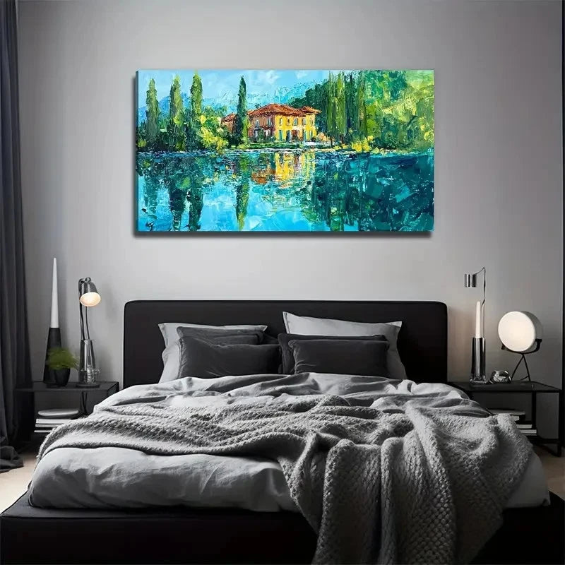 Serene Lakeside House Wall Art Canvas Office Home Room Framed 120x60cm
