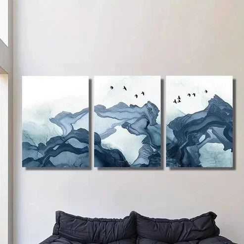 3pcs Soft Blue Smoke Waves and Birds Wall Art Canvas Unframed - High Quality Print 100% Australian Made Wall Canvas
