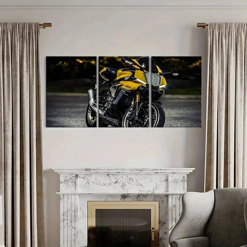 3pcs Modern Vehicle Yellow Motorcycle Wall Art Set Canvas Framed 50x70cm - High Quality Print 100% Australian Made Wall Canvas Ready to Hang