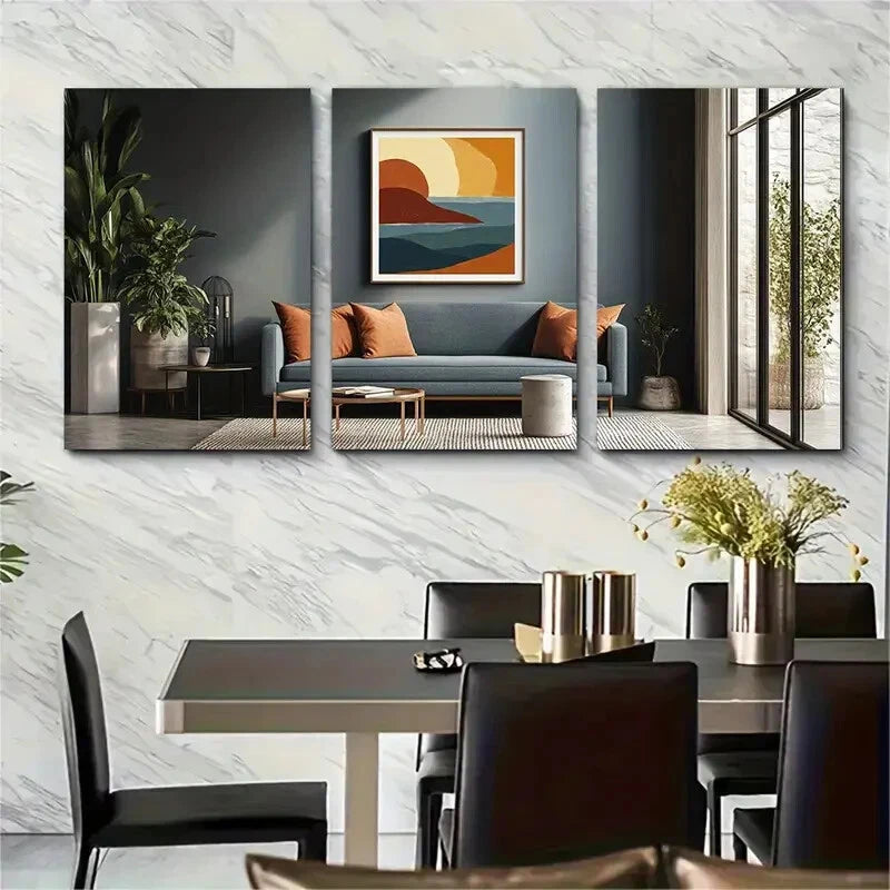 3pcs Navy Blue Orange Paros Greece Unique Metal Print Ready to Hang Art