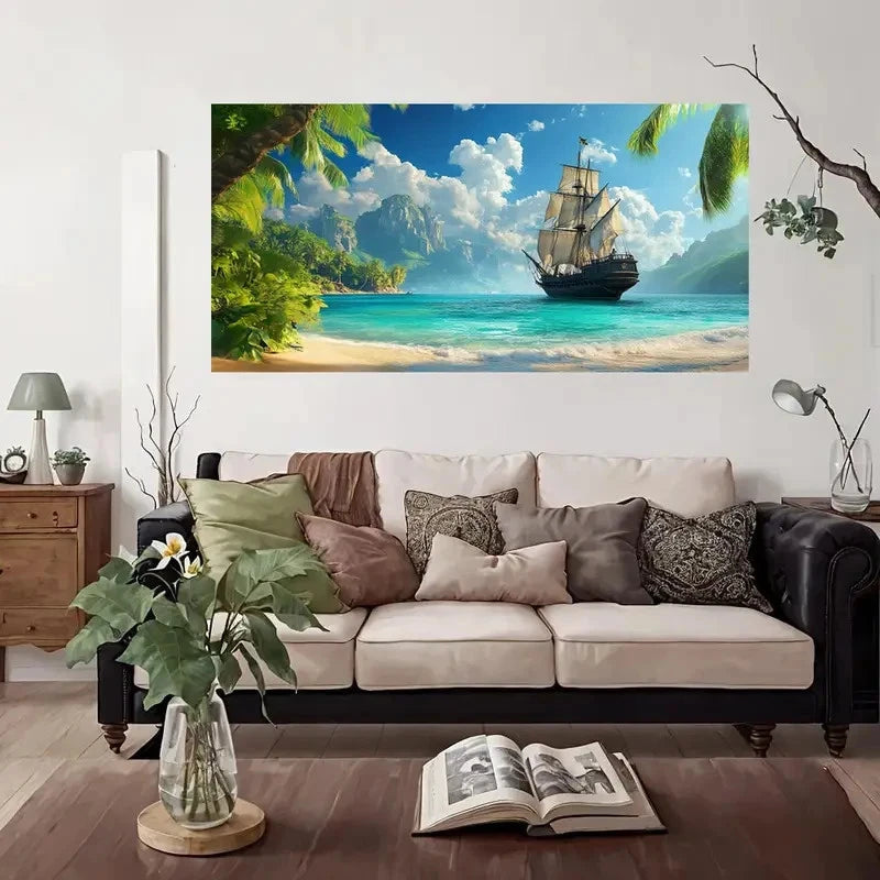 Tropical Island Sail Adventure Wall Art Canvas Office Home Room Framed 120x60cm