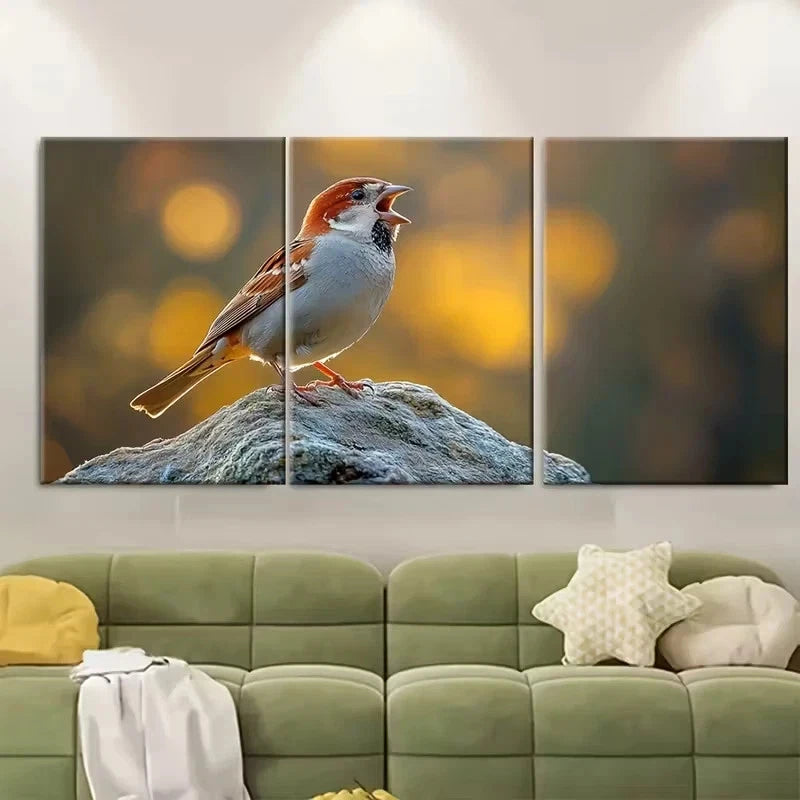 3pcs Perched Sparrow Bird Singing Wall Art Set Canvas Framed 60x90cm - High Quality Print 100% Australian Made Wall Canvas Ready to Hang