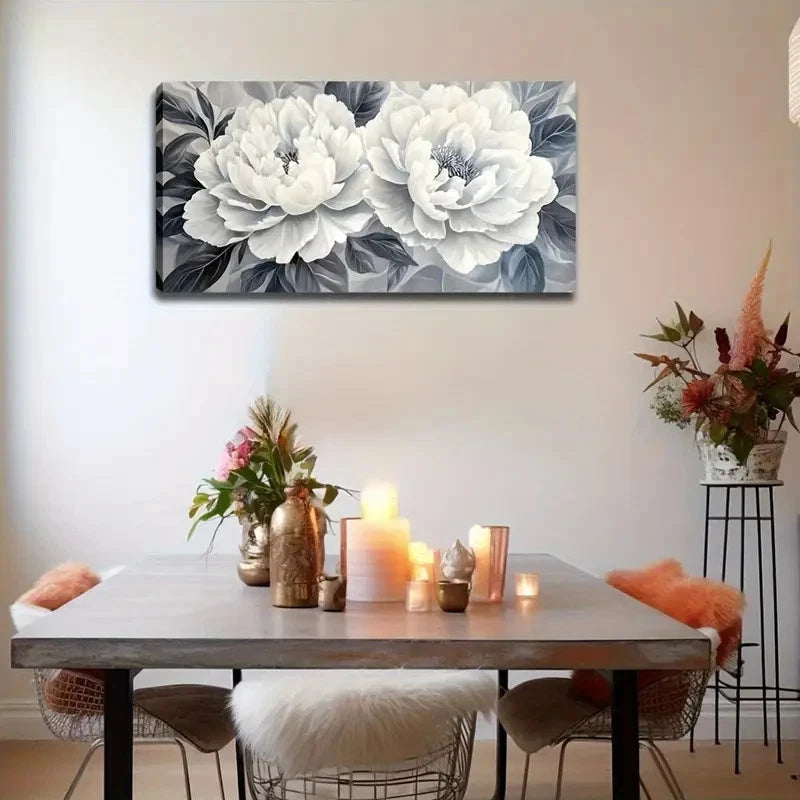 White Peony Deep Blue Wall Art Canvas Office Home Room Framed 120x60cm