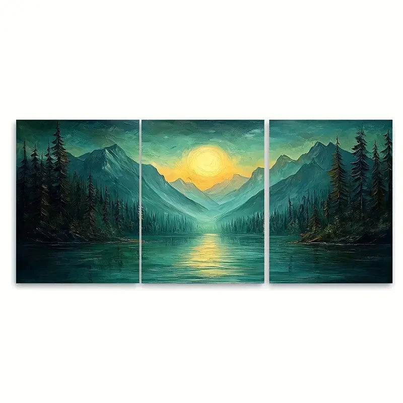 3pcs Green Mountain and River Landscape DI Wall Art Set Canvas Framed 50x70cm - High Quality Print 100% Australian Made Wall Canvas Ready to Hang