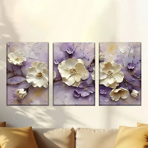 3pcs a painting of white flowers on a purple Wall Art Set Canvas Unframed - High Quality Print 100% Australian Made Wall Canvas - Bella Home Decor