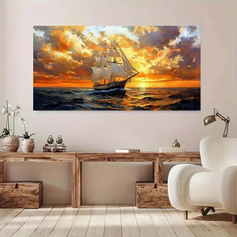 Sailboat Stormy Sea Sunset Sky Wall Art Canvas Office Home Room Framed 120x60cm - Bella Home Decor