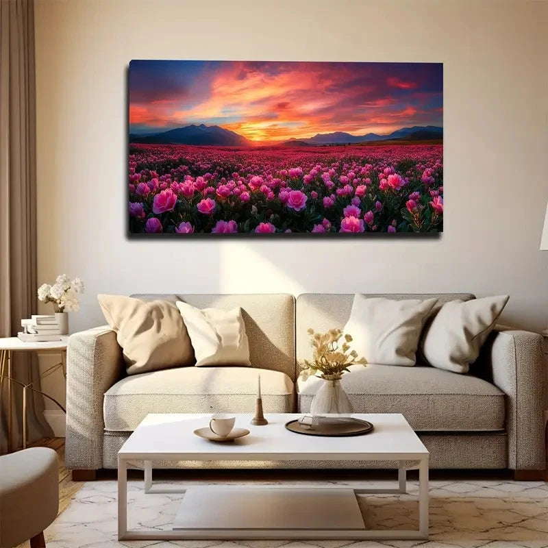 Pink Peony Field Suitable Wall Art canvas office home room framed 120x60cm