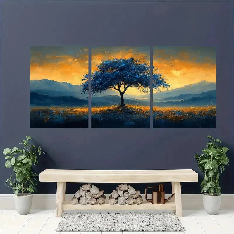 3pcs Abstract Blue Tree Landscape Wall Art Set Canvas Framed 40x60cm - High Quality Print 100% Australian Made Wall Canvas Ready to Hang