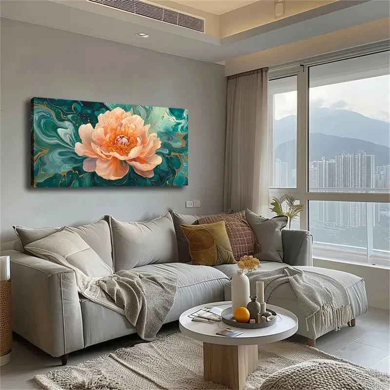 Peony Bloom Teal & Golden Wall Art Canvas Office Home Room Framed 120x60cm