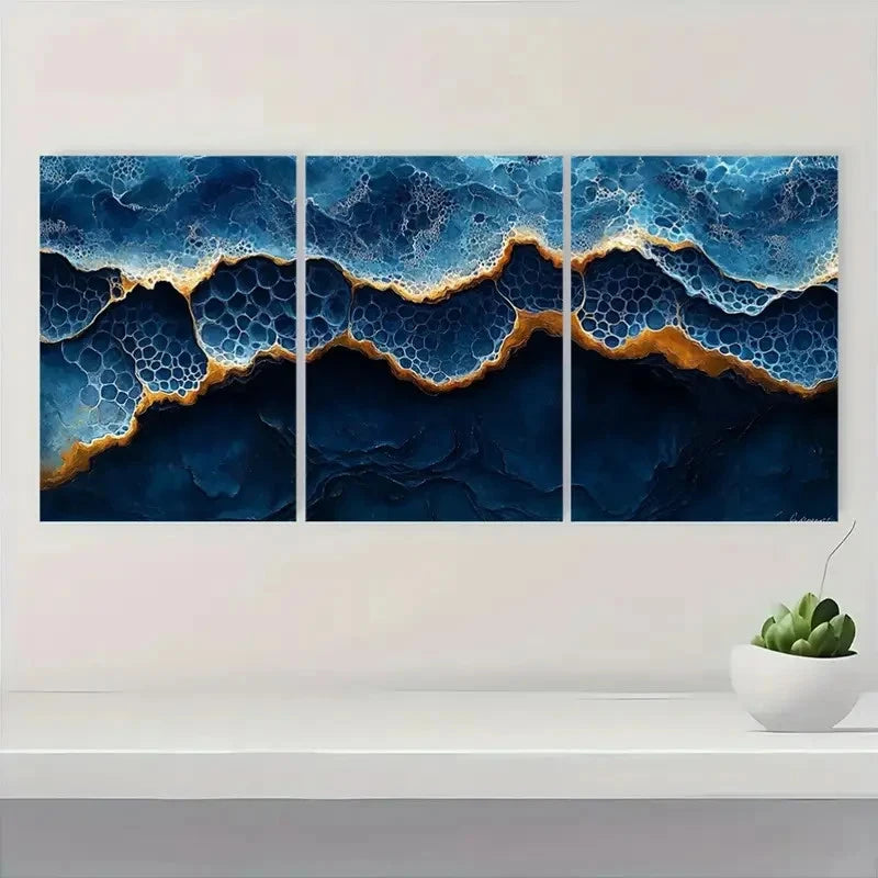 3pcs Shades of Indigo & Honeycomb Design Q Wall Art Set Canvas Framed 40x60cm - High Quality Print 100% Australian Made Wall Canvas Ready to Hang - Bella Home Decor