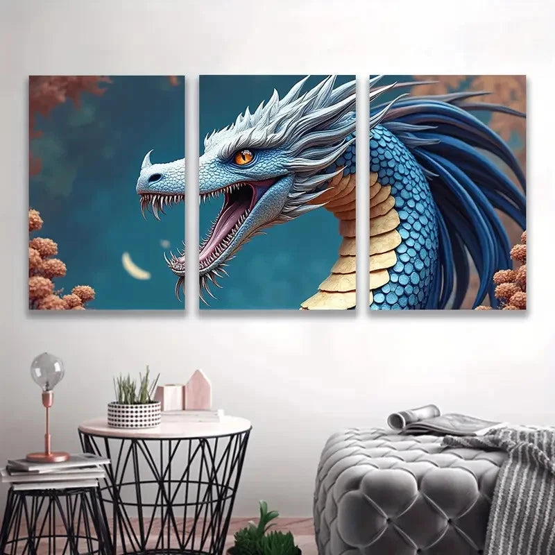 3pcs Smaug Blue And Golden Dragon Wal1l Art Set Canvas Framed 40x60cm - High Quality Print 100% Australian Made Wall Canvas Ready to Hang - Bella Home Decor