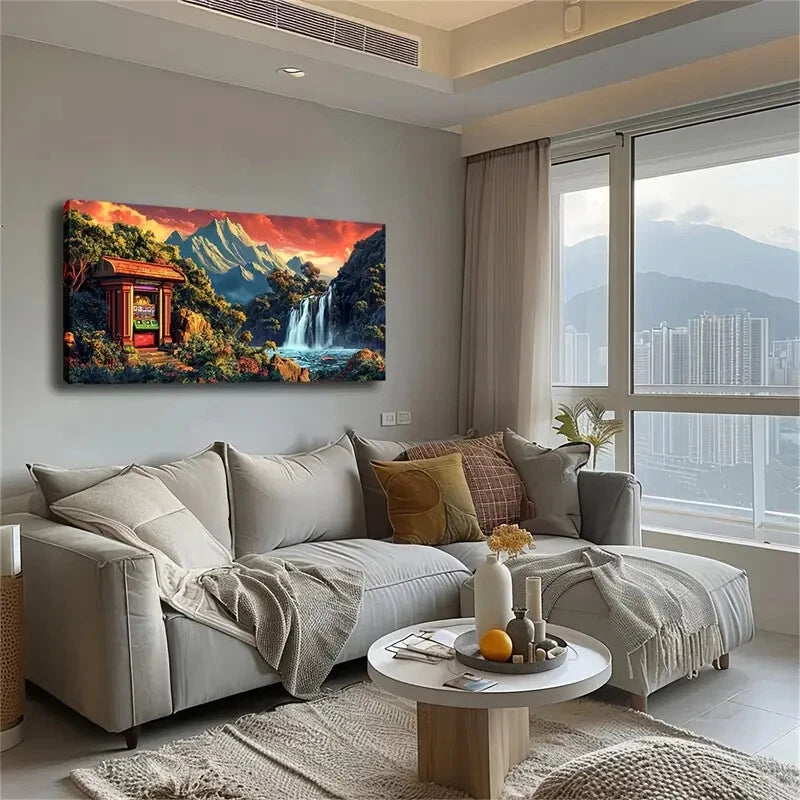 Vibrant Waterfall & Retro T-Rex Wall Art Canvas Office Home Room Framed 120x60cm - Bella Home Decor