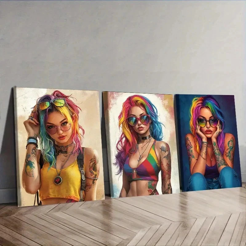 3pcs featuring a portrait of a bold woman Wall Art Set Canvas Framed 60x90cm - High Quality Print 100% Australian Made Wall Canvas Ready to Hang