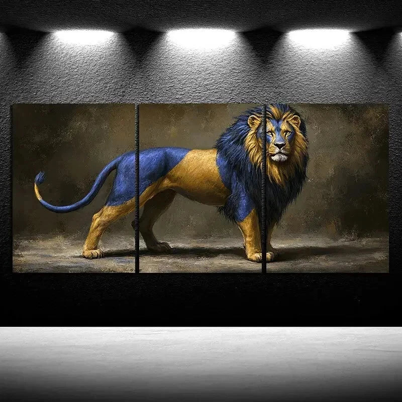 3pcs Golden Blue Lion Painting Wall Art Set Canvas Framed 60x90cm - High Quality Print 100% Australian Made Wall Canvas Ready to Hang - Bella Home Decor