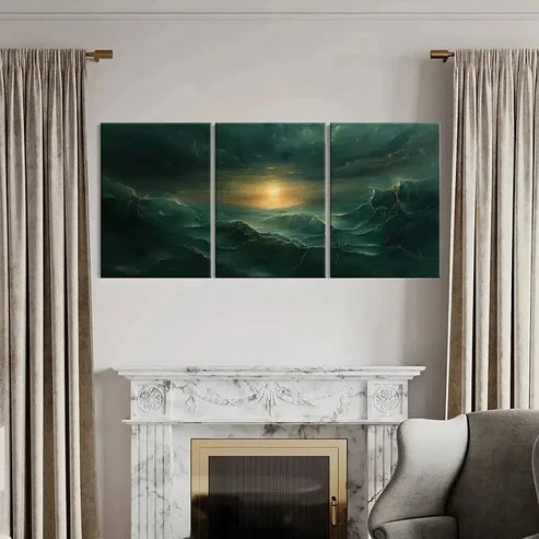 3pcs Mystical Golden Waves & Dark Clouds Wall Art Canvas Unframed - High Quality Print 100% Australian Made Wall Canvas