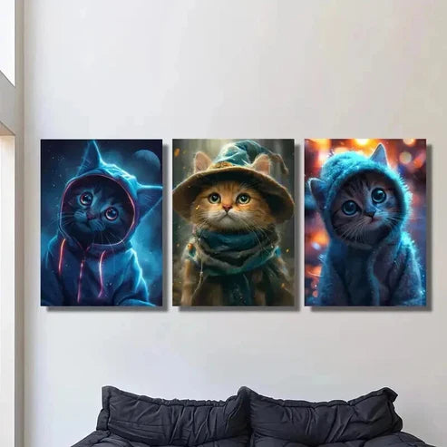 3pcs Cute Cat Art Wearing Clothes Wall Art Canvas Unframed – High Quality Print 100% Australian Made Wall Canvas - Bella Home Decor