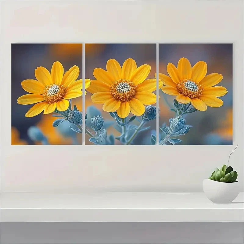3pcs Yellow Brittlebrush Flower FG Wall Art Set Canvas Framed 40x60cm - High Quality Print 100% Australian Made Wall Canvas Ready to Hang