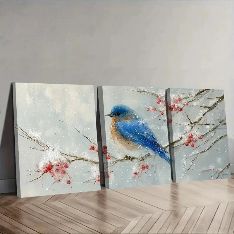 3pcs Blue Bird & Snowy Branch Wall Art Set Canvas Framed 60x90cm - High Quality Print 100% Australian Made Wall Canvas Ready to Hang