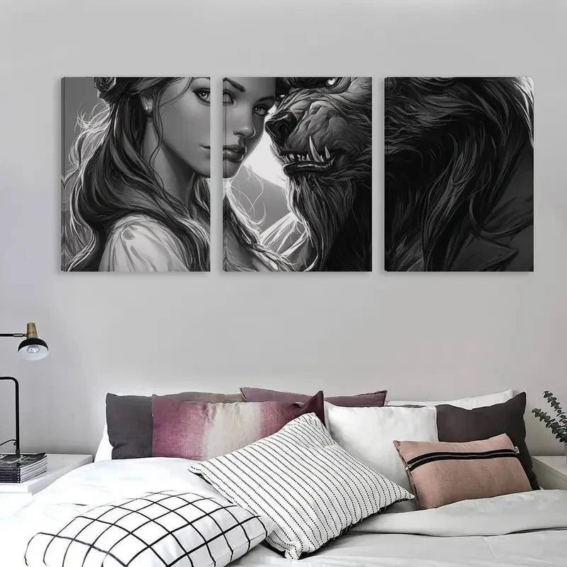 3pcs Beautiful Girl and a Werewolf Decor Wall Art Set Canvas Framed 60x90cm - High Quality Print 100% Australian Made Wall Canvas Ready to Hang - Bella Home Decor