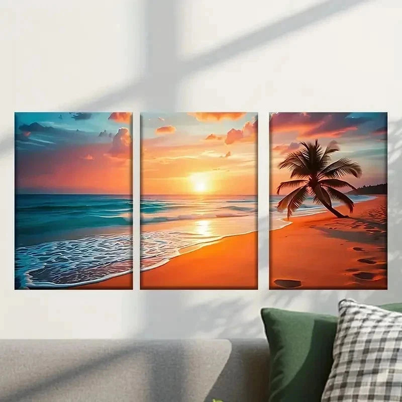 3pcs Beach with Palm Trees at Sunset Wall Art Set Canvas Framed 50x70cm - High Quality Print 100% Australian Made Wall Canvas Ready to Hang - Bella Home Decor
