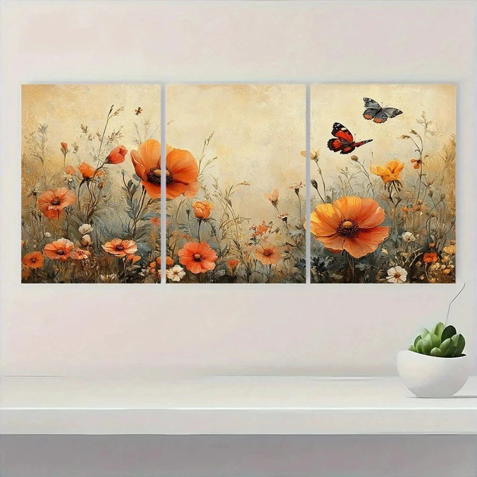 3pcs Vintage Butterflies in the Field Wall Art Set Canvas Framed 50x70cm - High Quality Print 100% Australian Made Wall Canvas Ready to Hang