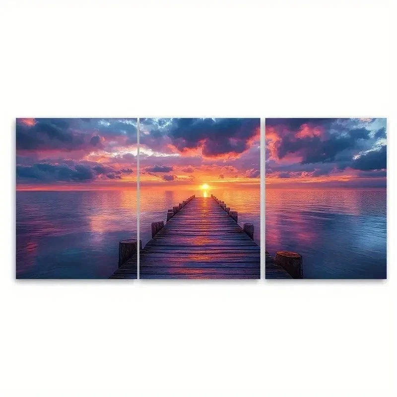 3pcs Seascape Pier at Dusk ER Wall Art Set Canvas Framed 60x90cm - High Quality Print 100% Australian Made Wall Canvas Ready to Hang