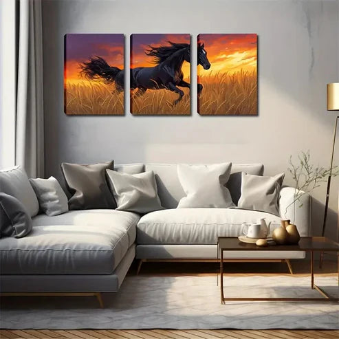 3pcs Running Horse In Rice Elegant Style Wall Art Set Canvas Unframed - High Quality Print 100% Australian Made Wall Canvas
