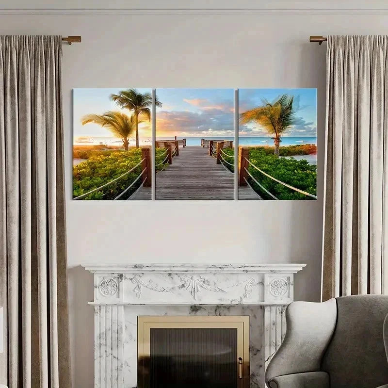 3pcs Beach At Sunset Palm Trees Modern Wall Art Set Canvas Framed 50x70cm - High Quality Print 100% Australian Made Wall Canvas Ready to Hang - Bella Home Decor