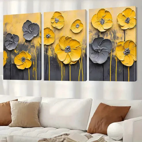 3pcs Abstract Modern Decorative Yellow Flowers Art Set Canvas Unframed - High Quality Print 100% Australian Made Wall Canvas - Bella Home Decor