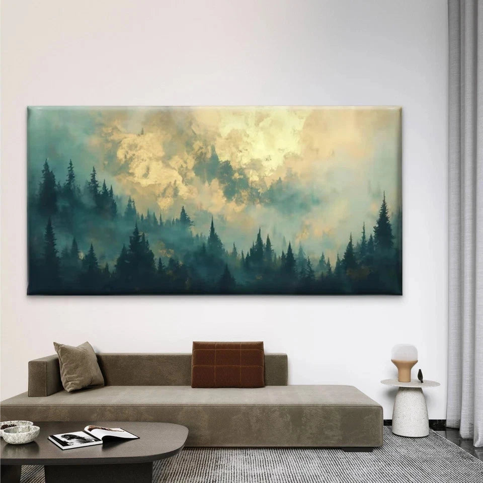 Misty Pine Forest Wall Art Canvas Office Home Room Framed 120x60cm