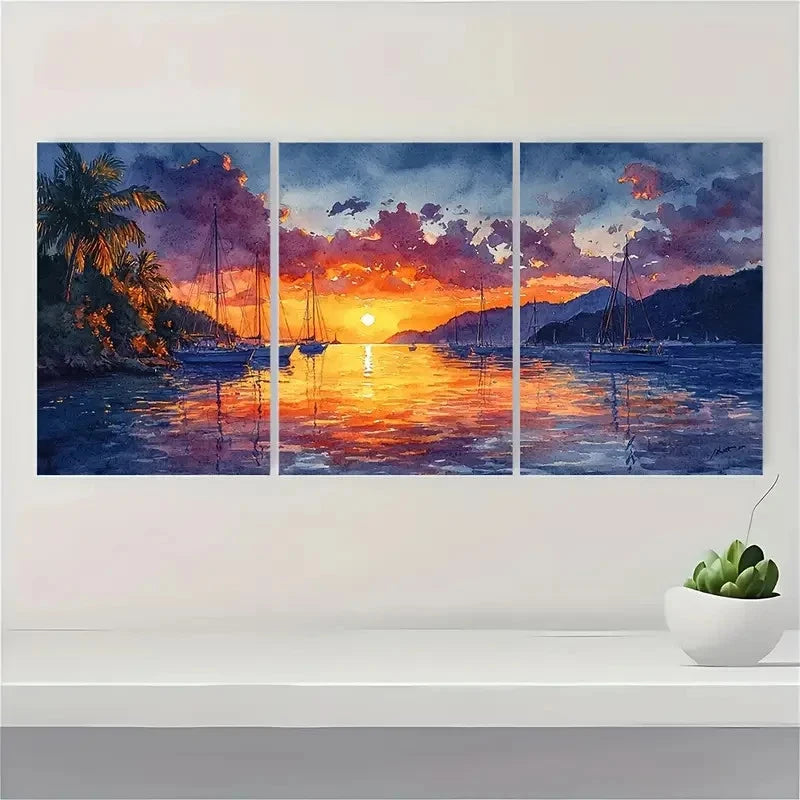 3pcs Caribbean Seascape in Orange Purple RP Framed Wall Art Set Canvas Framed 50x70cm - High Quality Print 100% Australian Made Wall Canvas Ready to Hang - Bella Home Decor