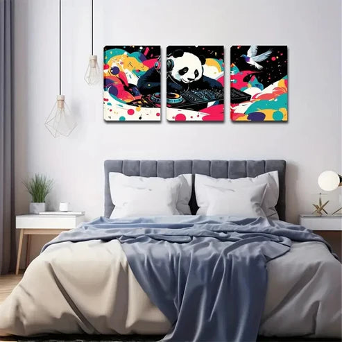 3pcs wearing headphones music genius Panda Wall Art Set Canvas Unframed - High Quality Print 100% Australian Made Wall Canvas