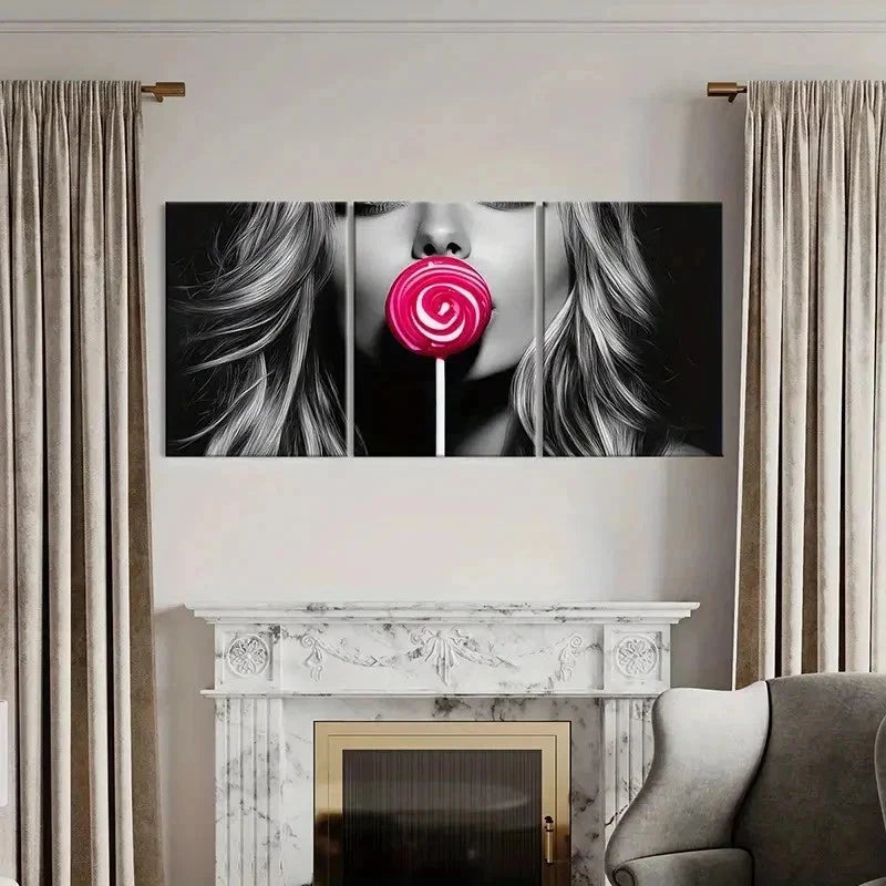 3pcs Beautiful Woman Kissing Lollipop Wall Art Set Canvas Framed 40x60cm - High Quality Print 100% Australian Made Wall Canvas Ready to Hang - Bella Home Decor