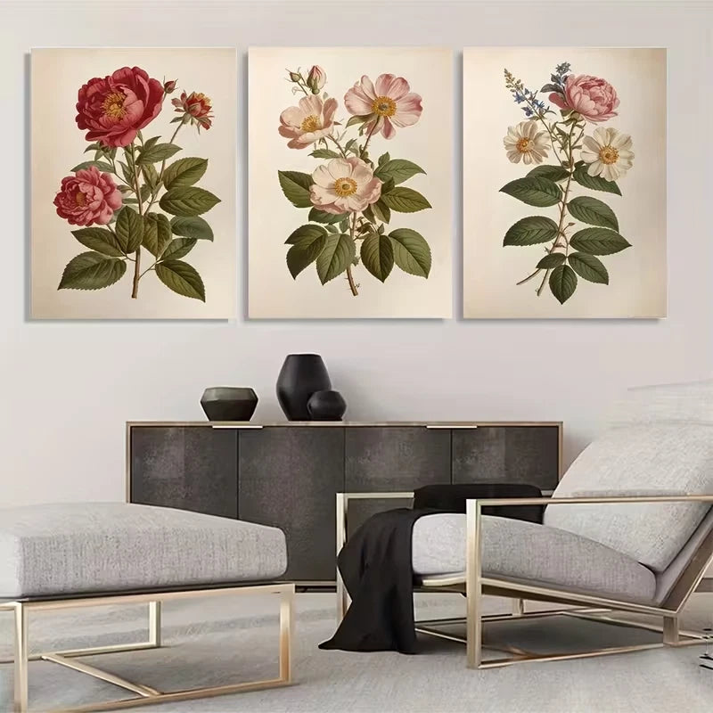 3pcs Vintage Rose Plant Triptych Wall Art Set Canvas Framed 40x60cm - High Quality Print 100% Australian Made Wall Canvas Ready to Hang - Bella Home Decor