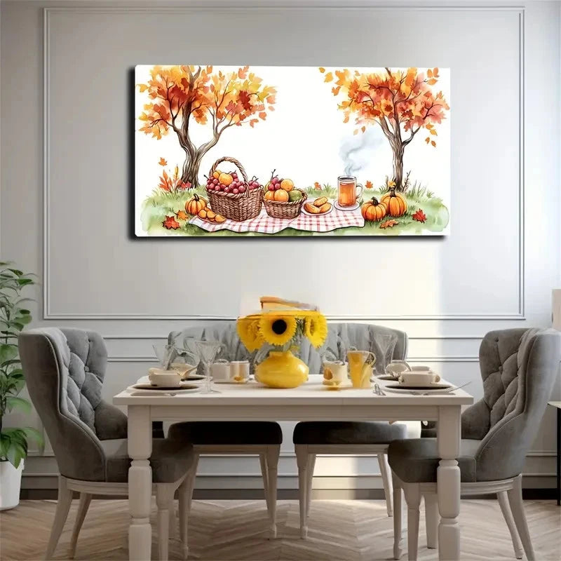 Autumn Fruit Trees Under Plaid Wall Art Canvas Office Home Room Framed 120x60cm