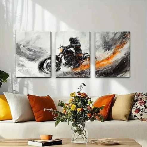 3pcs Motorbike Rider in Motion Bold Perfect Wall Art Set Canvas Unframed - High Quality Print 100% Australian Made Wall Canvas