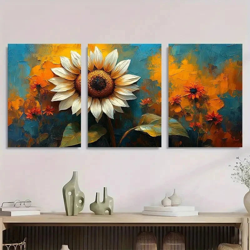 3pcs White Sunflower Vibrant Floral Perfect Wall Art Set Canvas Framed 40x60cm - High Quality Print 100% Australian Made Wall Canvas Ready to Hang
