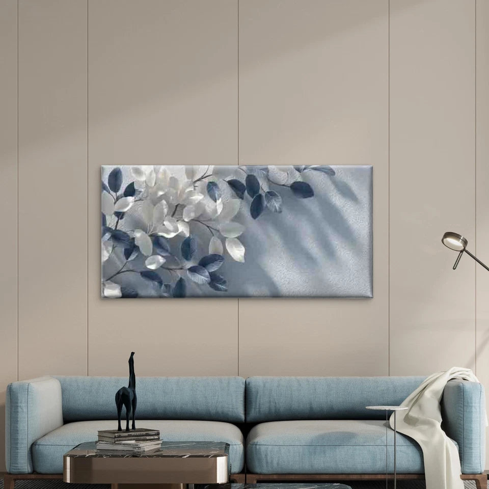 Blue White Leaves Wall Art Canvas Office Home Room Framed 120x60cm - Bella Home Decor