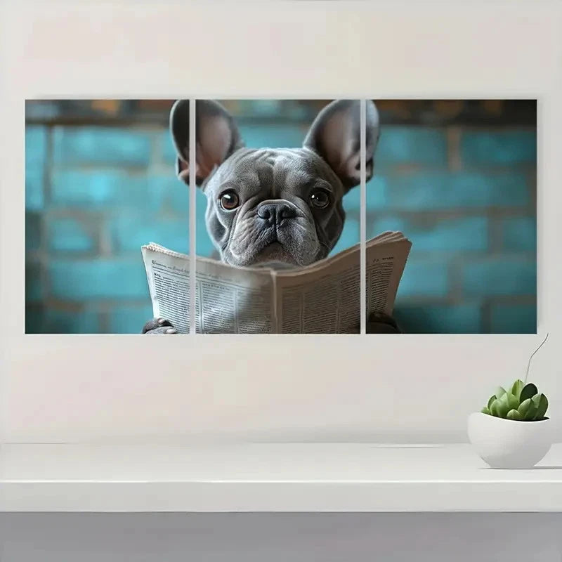 3pcs Humorous Dog Reading Newspaper ART Wall Art Set Canvas Framed 40x60cm - High Quality Print 100% Australian Made Wall Canvas Ready to Hang