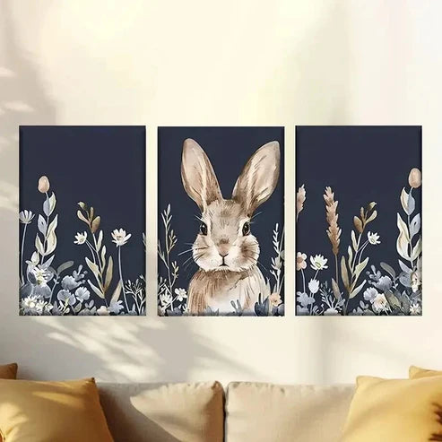 3pcs Rabbit in Field of Flowers and Plants Wall Art Canvas Unframed – High Quality Print 100% Australian Made Wall Canvas