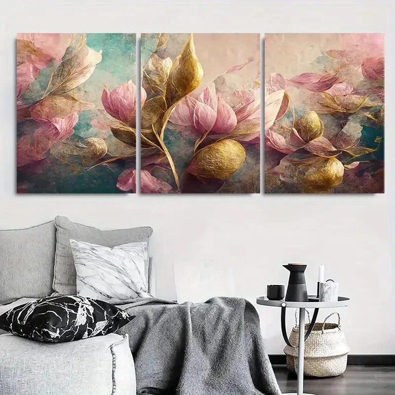 3pcs Elegant Pink & Golden Magnolia Floral Wall Art Set Canvas Framed 60x90cm - High Quality Print 100% Australian Made Wall Canvas Ready to Hang