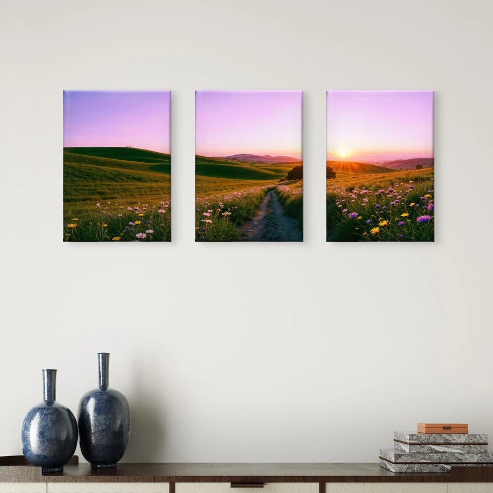 3pcs Sunset Meadow Landscape Nature Wall Art Set Canvas Framed 50x70cm - High Quality Print 100% Australian Made Wall Canvas Ready to Hang