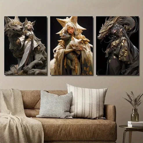 3pcs Anime Fantasy Golden Female Characters Wall Art Set Canvas Unframed - High Quality Print 100% Australian Made Wall Canvas - Bella Home Decor