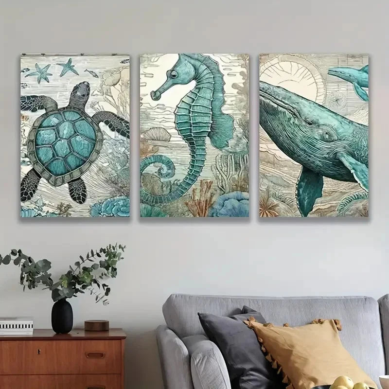 3pcs Coastal Seahorse Turtle & Whale Ocean Theme Wall Art Set Canvas Framed 60x90cm - High Quality Print 100% Australian Made Wall Canvas Ready to Hang - Bella Home Decor