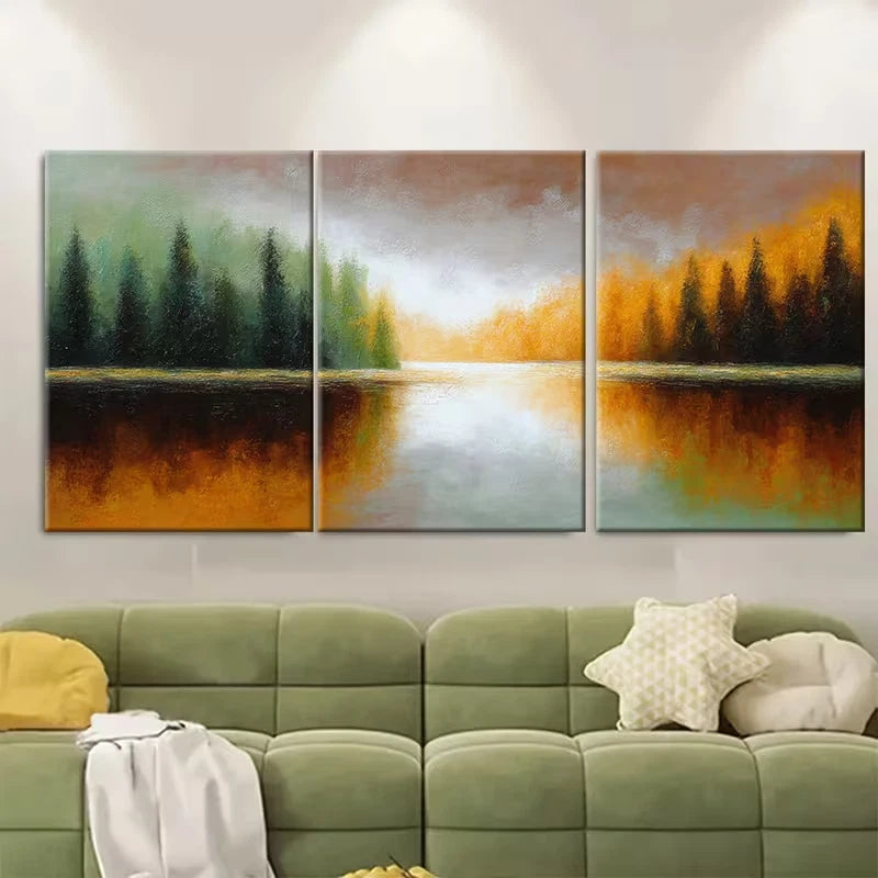 3pcs Sunrise Forest Lake Neutral Brown Landscape Metal Print Ready to Hang Art